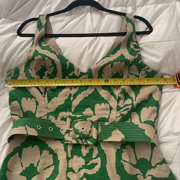 Green and Tan Linen Blend Belted Midi Dress - Picture 11 of 12